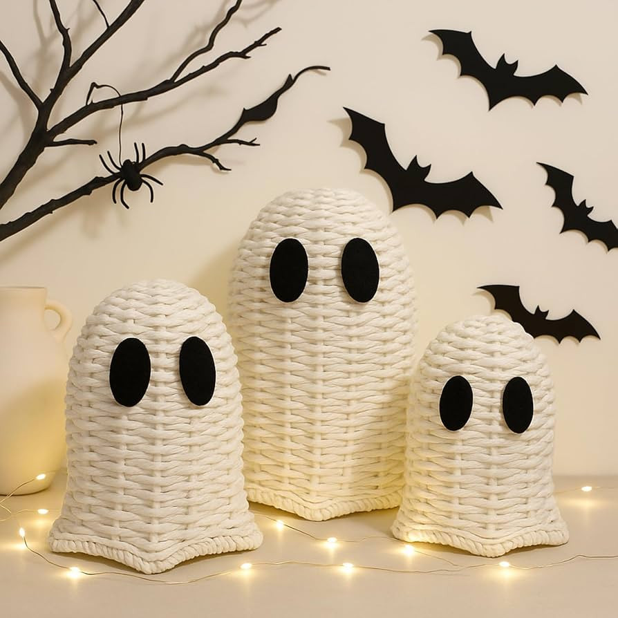 Geelin White 3 Pcs Halloween Rattan Wicker Ghosts Decoration Cute Farmhouse Ghost Figurines for T... | Amazon (US)
