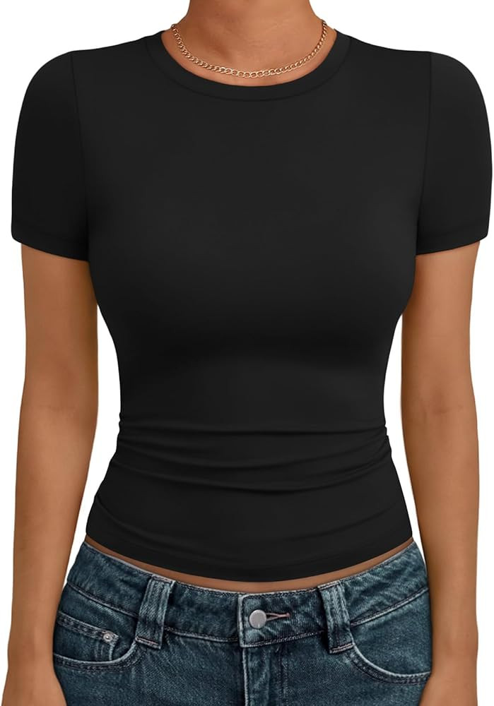 AUTOMET Women's Crew Neck Short Sleeve Basic Stretchy Tight Fitted T-Shirt | Amazon (US)