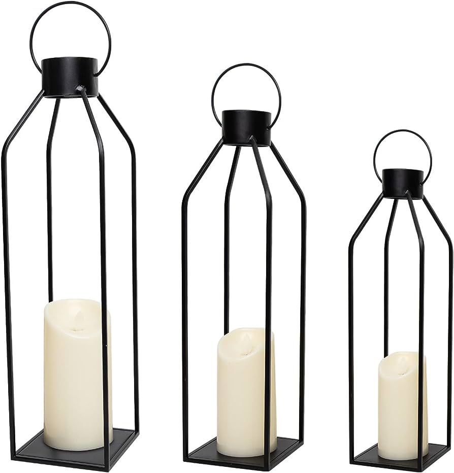 HPC Decor 22'' 19'' 16'' Lanterns Decorative w/ Flickering Timer Candles- Tall Large Black Metal Can | Amazon (US)