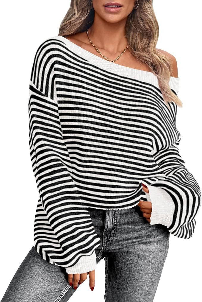 Zenlonr Women's 2024 Fall Winter Striped Sweater Long Sleeve Off Shoulder Loose Knit Pullover Top... | Amazon (US)