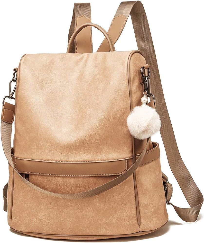 Women Backpack Purse PU Leather Anti-theft Casual Shoulder Bag Fashion Ladies Satchel Bags(Beige ... | Amazon (US)