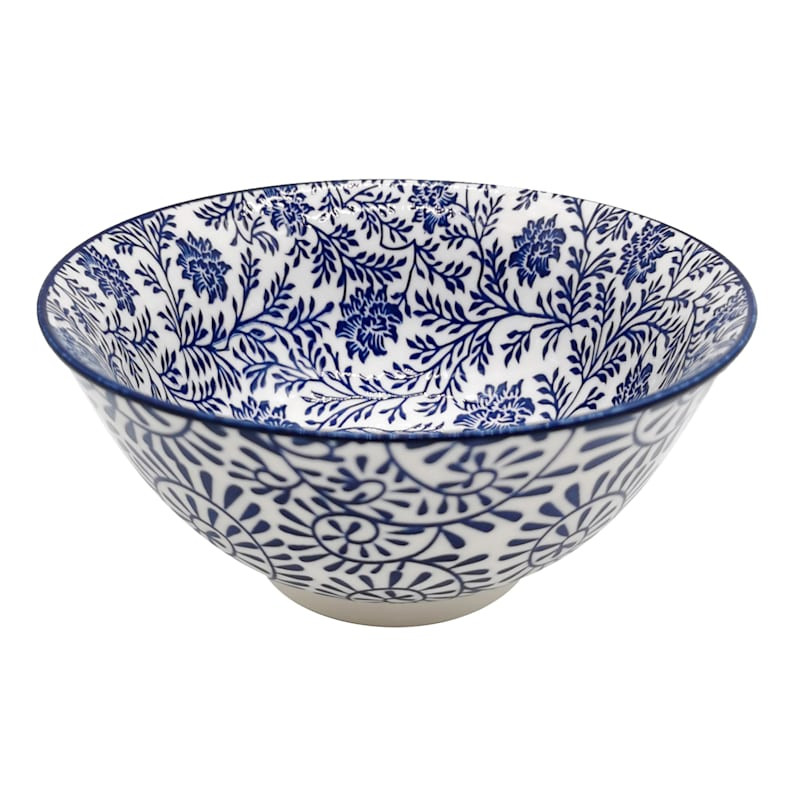 Blue & White Leaf Print Ceramic Bowl | At Home