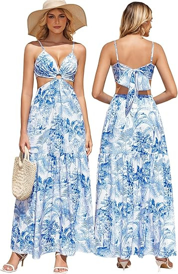 KUTUMAI Floral Maxi Sundress V Neck Cut Out Boho Beach Party Long Dress Bow Tie Flowy Dresses for... | Amazon (US)