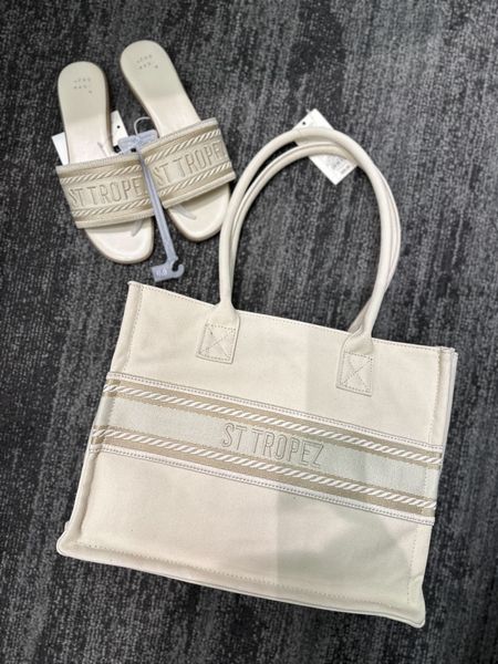 These designer lookalike $30 totes just dropped today online and match perfectly with the designer lookalike slides that are only $25 and also available! There are two color options and both are gorgeous! 🚨

Vacation outfit, Target style, designer lookalike, Tote, resort wear, handbag 

#LTKtravel #LTKitbag #LTKSeasonal