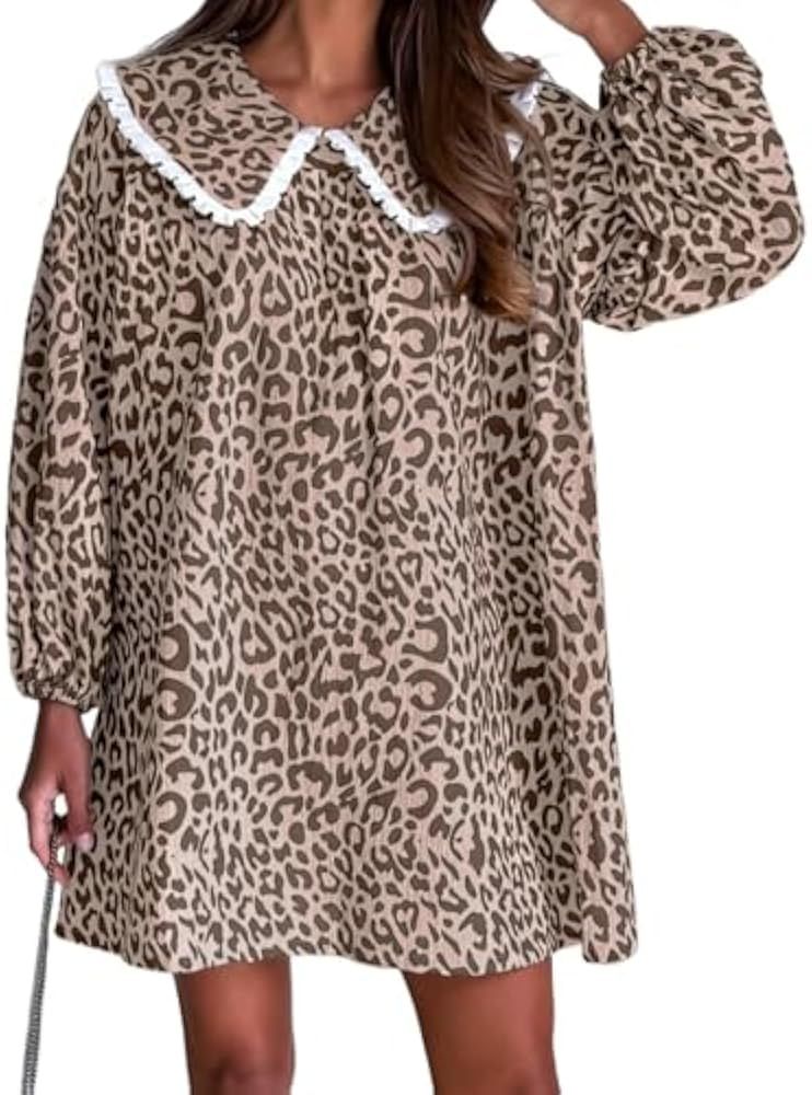 Leopard Print Babydoll Dress for Women Peter Pan Collar Blouse Cheetah Long Sleeve A-Line Cotton ... | Amazon (US)