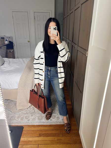 Black and white striped cardigan (S)
Black t-shirt bodysuit (S)
High waisted jeans (4S)
Brown tote bag
Leopard flats (TTS)
Smart casual outfit
Neutral outfit
Amazon fashion

#LTKfindsunder50 #LTKSeasonal #LTKbeauty