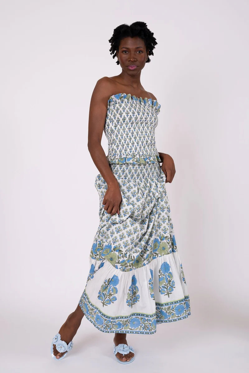 SUE SARTOR Flounce Smocked Waist Skirt | Bleu/Thyme Vintage Poppy | SUE SARTOR
