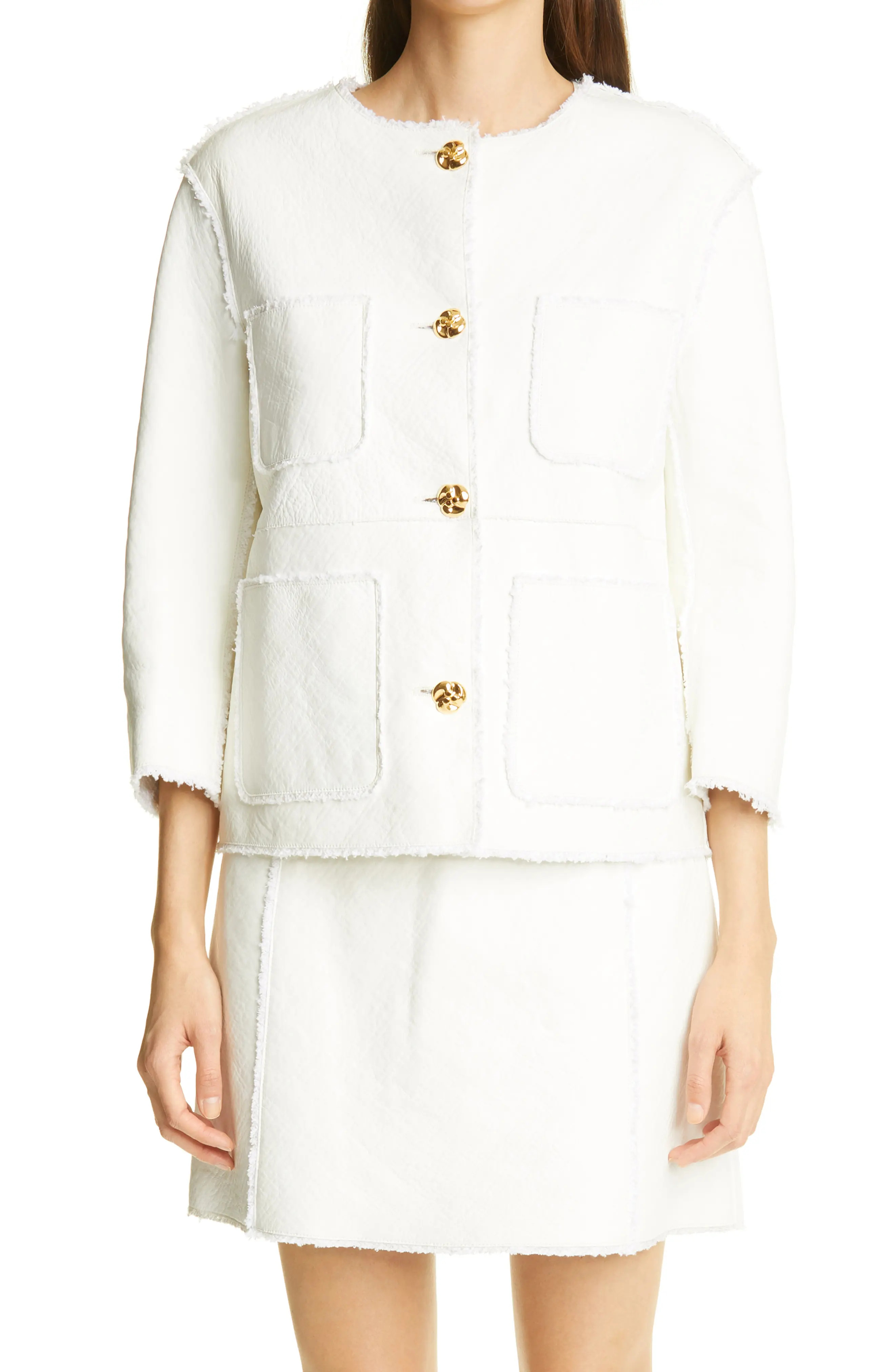 Women's St. John Collection Leather & Tweed Bonded Jacket, Size 4 - White | Nordstrom