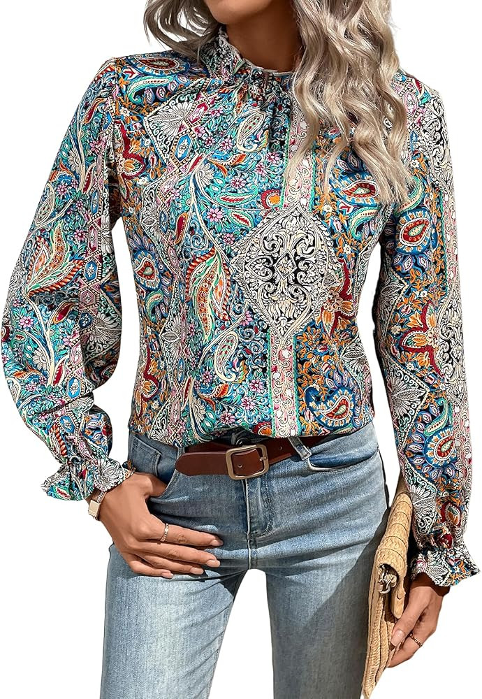 Floerns Women's Leopard Print Long Sleeve Frill Trim Mock Neck Blouse Tops | Amazon (US)