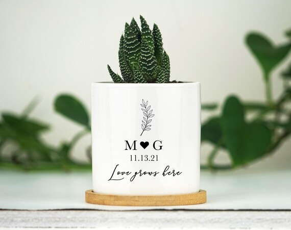 Personalized Planter Engagement Gift - Love Grows Here - 3" White Ceramic Pot w/ Bamboo Tray- Cus... | Etsy (US)