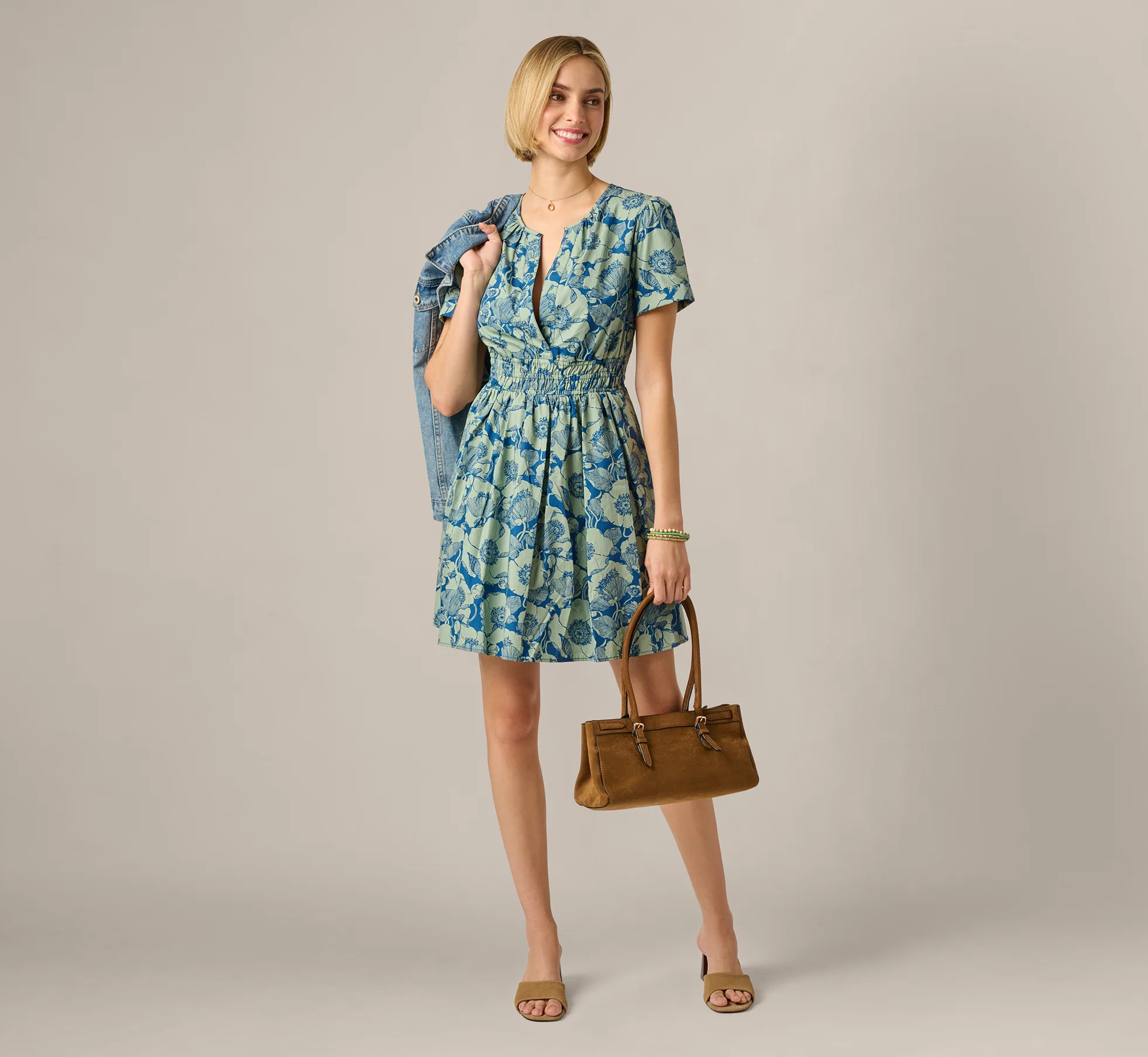 Navy Short Sleeve Printed Cotton Sophia Dress - Adrianna Papell | Adrianna Papell