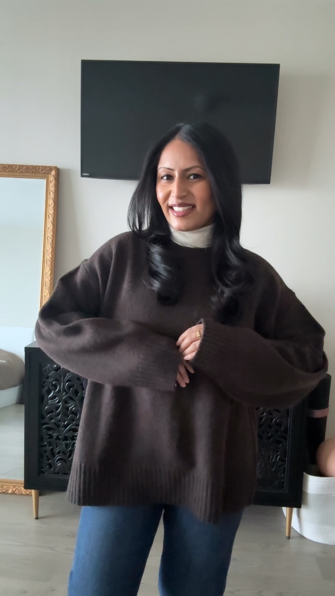 Styling a brown cashmere over-sized crewneck sweater from Reformation for a winter storm day outfit. 🤎❄️

#LTKPetite #LTKgrwm #LTKootd