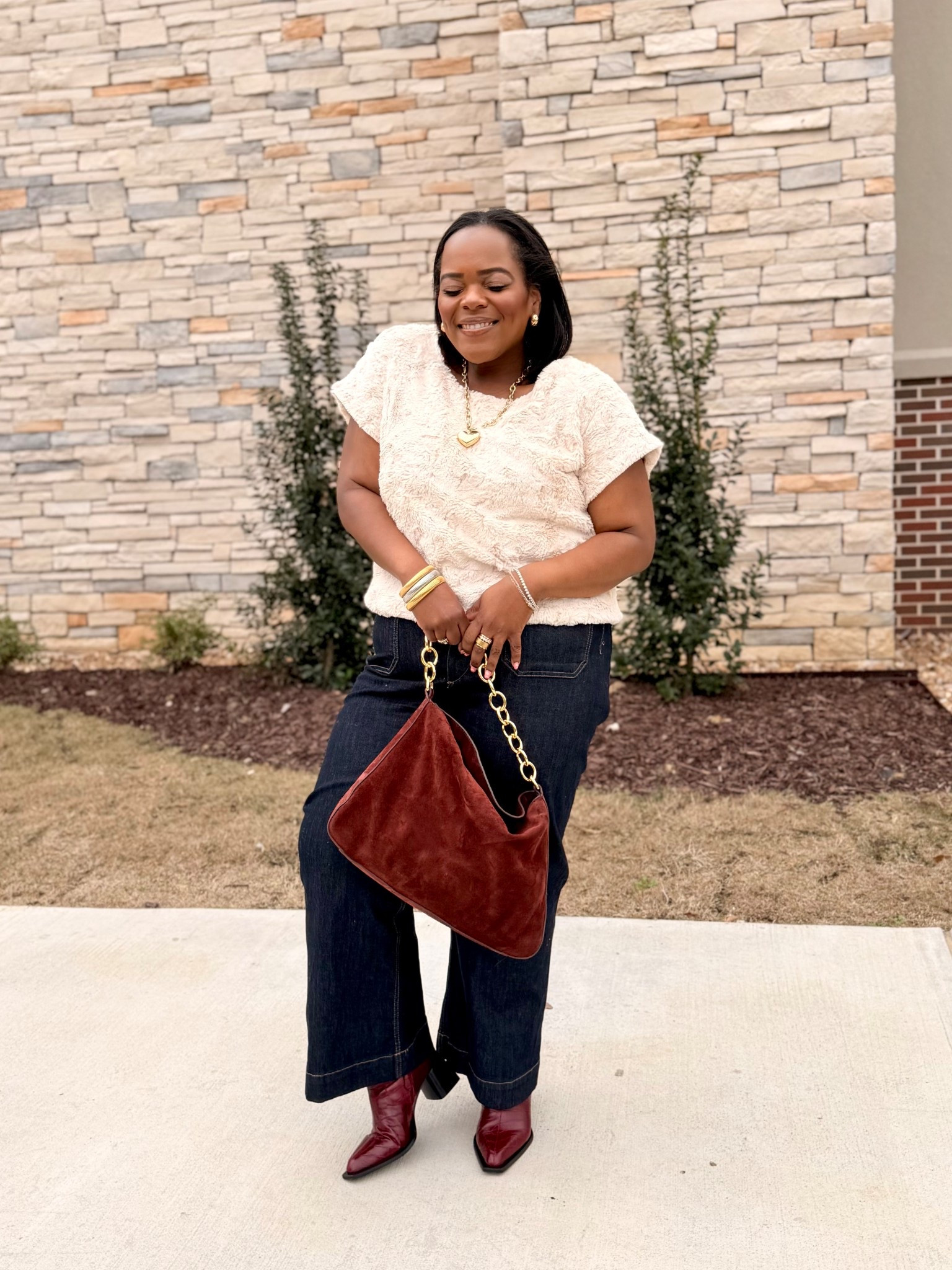 Casual winter outfit / dark denim colette from Anthropologie / J. Crew suede chain link handbag / Marc Nolan burgundy boots / faux fur muscle tee ✨ 

#LTKFindsUnder100 #LTKPlusSize #LTKMidsize
