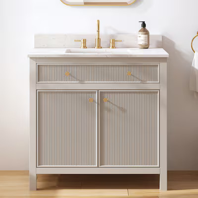allen + roth Sandbanks 36-in Flaxen Greige Undermount Single Sink Bathroom Vanity with White Engi... | Lowe's