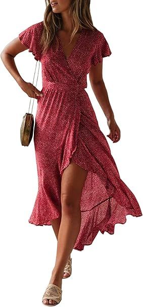 ZESICA Women's 2024 Bohemian Floral Printed Wrap V Neck Short Sleeve Split Beach Party Maxi Dress | Amazon (US)