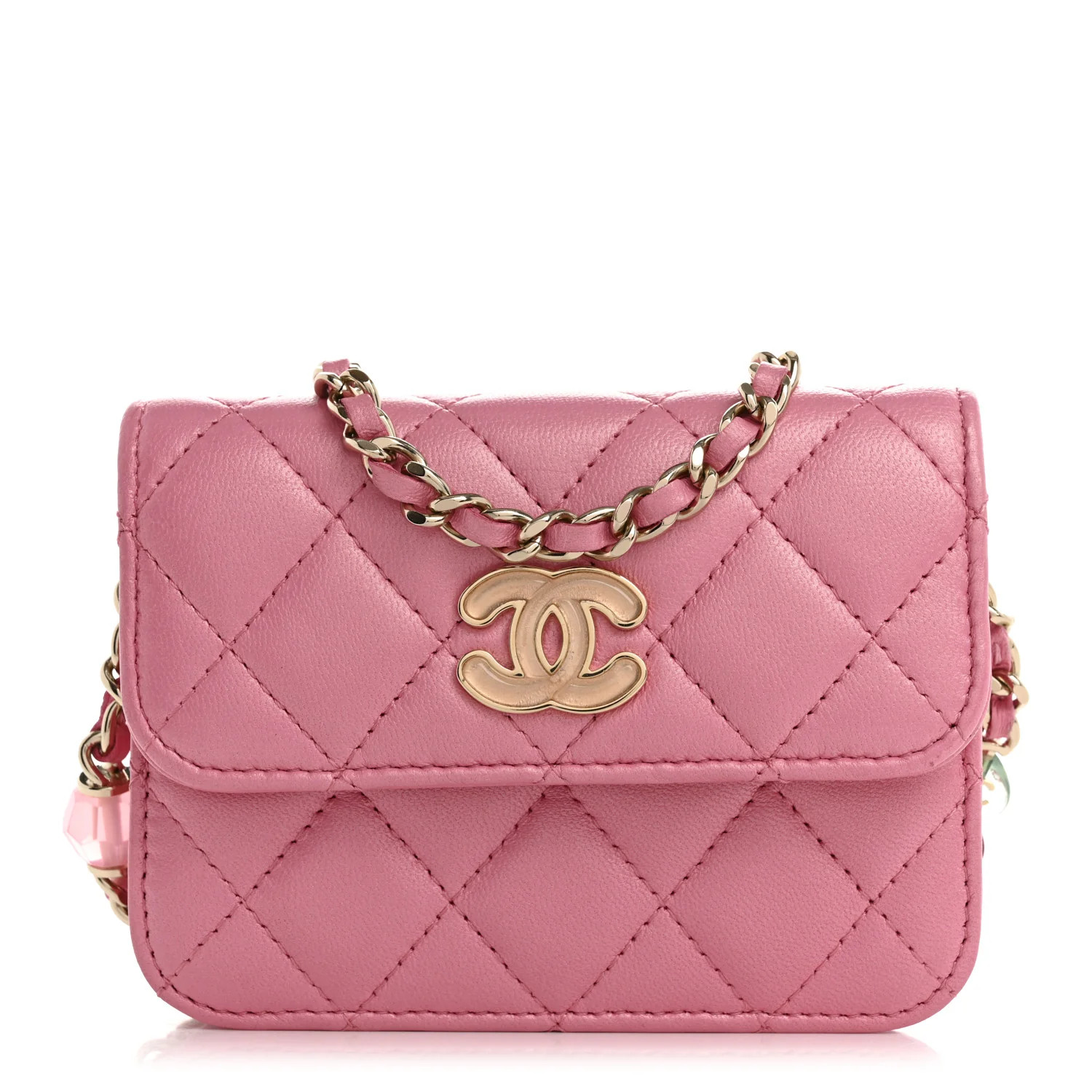 Iridescent Lambskin Quilted Heart Bead Clutch With Chain Pink | FASHIONPHILE (US)