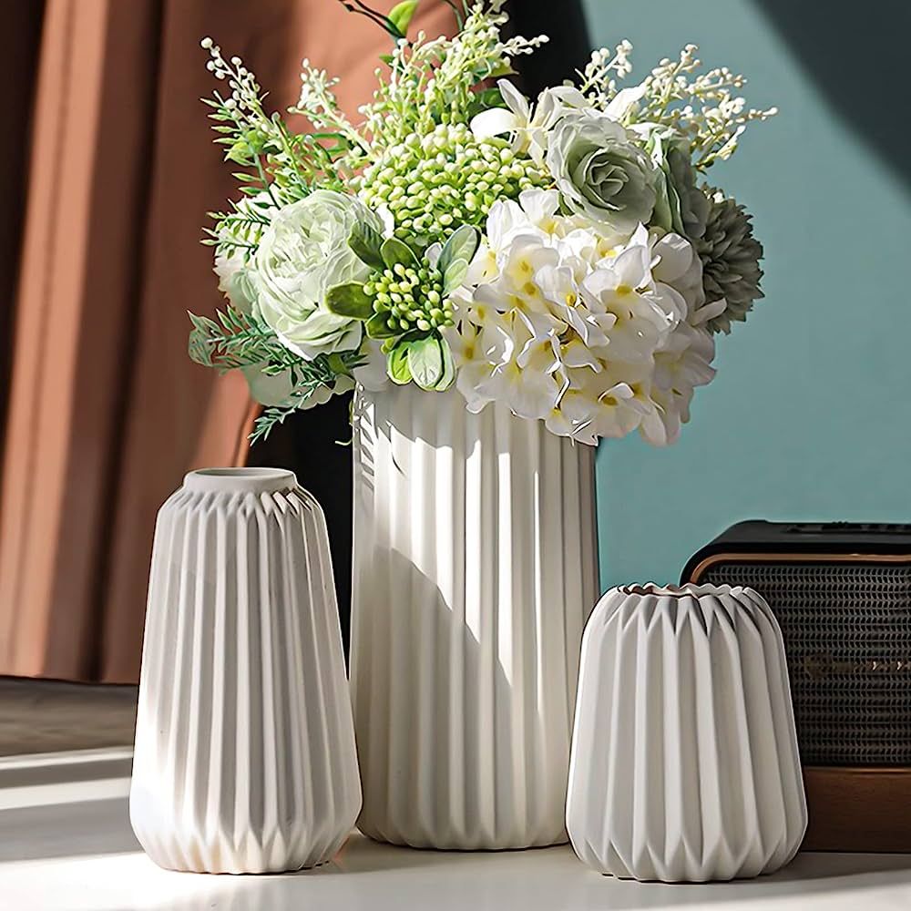 White Ceramic Vase -Set of 3 Boho for Modern Home Decor,Nordic Minimalism Decor Office Entryway L... | Amazon (US)