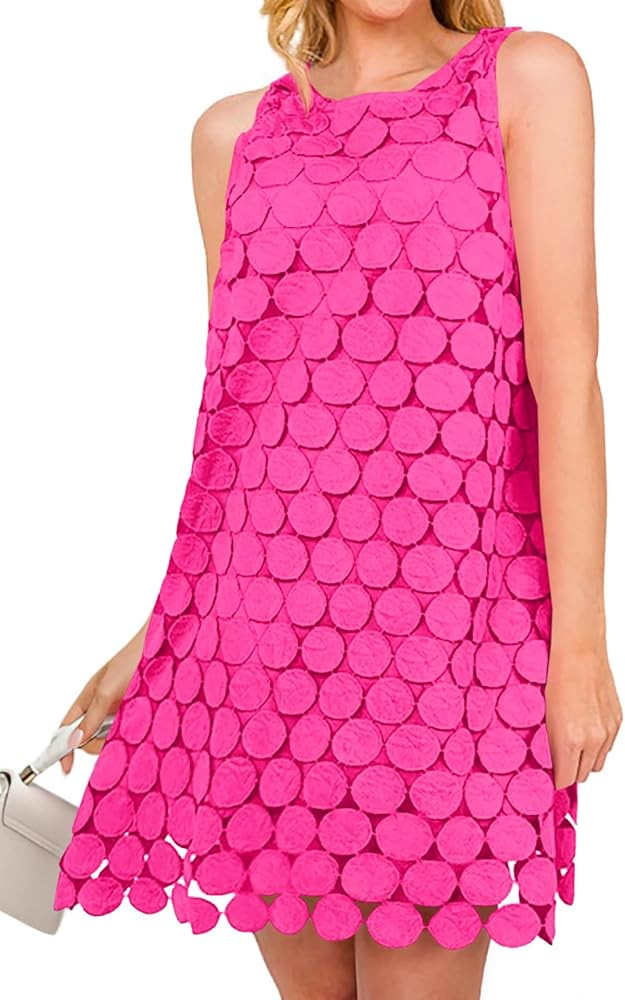 Wenrine Womens Summer Hollow Out Mini Dress Casual Sleeveless Scoop Neck Boho Short Beach Dresses | Amazon (US)