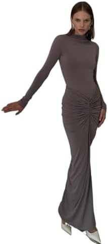 Womens Sexy Maxi Dress Long Sleeve Ruched Bodycon Turtleneck Club Party Casual Wedding Dresses | Amazon (US)