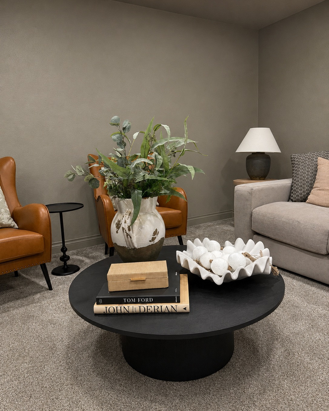 Large Pedestal Coffee Table + Wing Back Chairs | perfect basement furniture