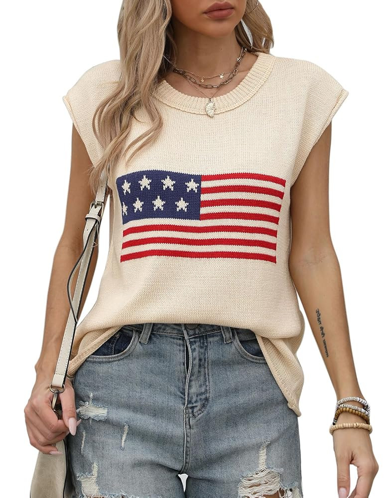 Womens American Flag Cap Sleeve Sweater Vest - Casual Crewneck US Flag Knitted Pullover Tank Tops... | Amazon (US)