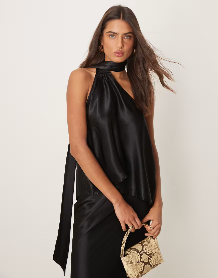 ASOS DESIGN satin scarf neck top in black | ASOS (Global)