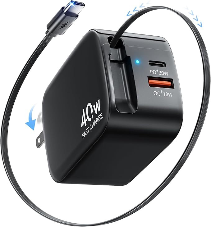 Retractable Wall Charger Block for iPhone 17 16 15, 40W PD Fast Charger with Retractable Type C C... | Amazon (US)