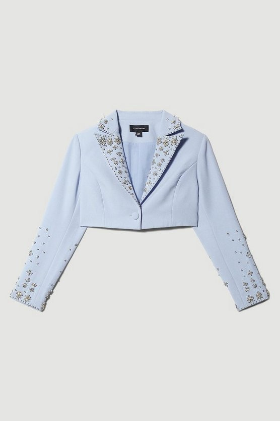 Embellished Stretch Woven Cropped Jacket | Karen Millen UK + IE + DE + NL