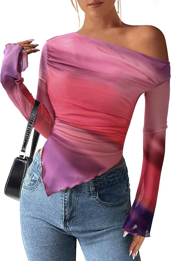 PRETTYGARDEN Womens 2025 Fall Trendy Off Shoulder Tops Tie Dye Mesh Long Sleeve Shirts Asymmetric... | Amazon (US)