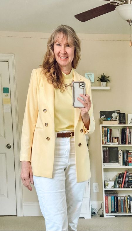 Get yourself Spring and Summer ready with this beautiful pale yellow blazer and matching top. 

Style tip: monochromatic outfits create a well put together polished look for any occasion and work well with any color you choose! 

#blazerforwomen #blazers #yellowoutfits #yellowtops #whitedenim #monochromaticoutfit #springoutfit #officelooks #transitionoutfit

#LTKstyletip #LTKsalealert #LTKover40