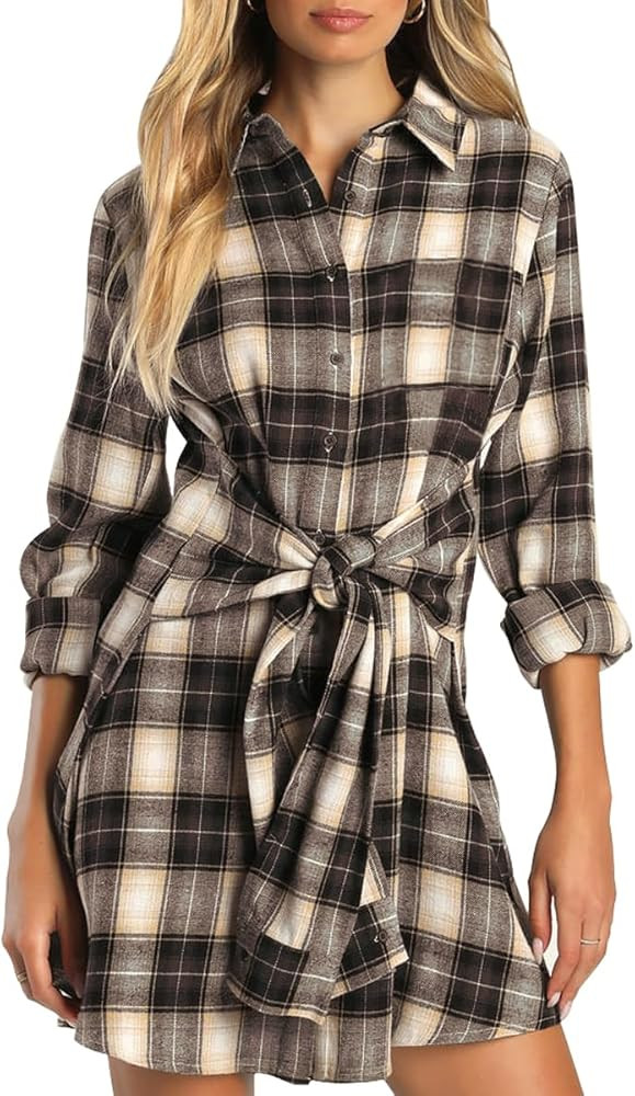 LuFeng Women's Casual Plaid Long Sleeve Lapel V Neck Tie Waist Front Button Down Mini Tunic Shirt... | Amazon (US)