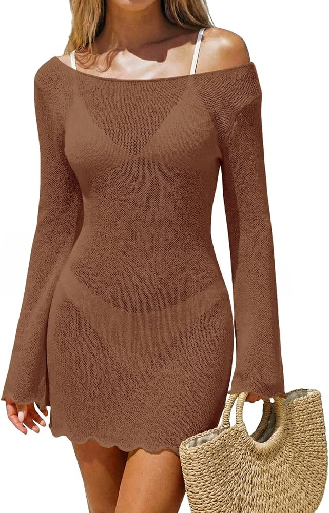Saodimallsu Womens Swimsuit Cover Up Long Sleeve Sheer Mesh Knit Mini Dress Backless Tie Summer B... | Amazon (US)