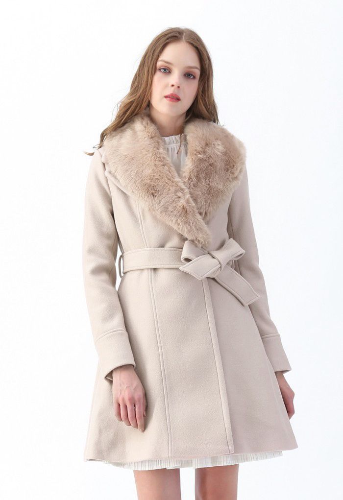 Faux Fur Collar Belted Flare Coat in Nude Pink | Chicwish