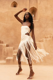 Yasmin Wrap Over Midi Dress With Fringing - Bone | MESHKI US