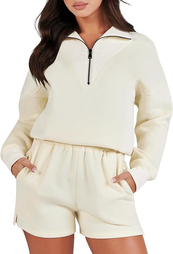 ANRABESS Women 2 Piece Outfits Sweatsuit Oversized Half Zip Collared Sweatshirt Hoodies Short Set Lo | Amazon (US)