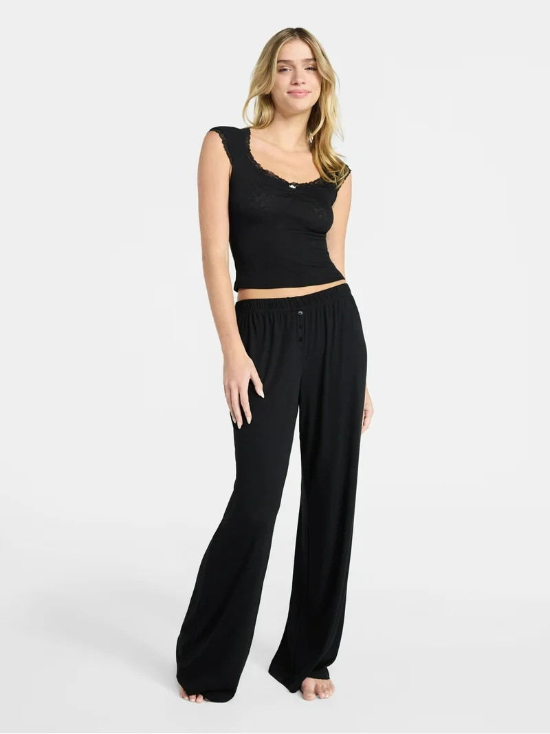 No Boundaries Sleep Pointelle Baby Tee and Pants Set, 2-Piece, Women’s XXS-3X | Walmart (US)