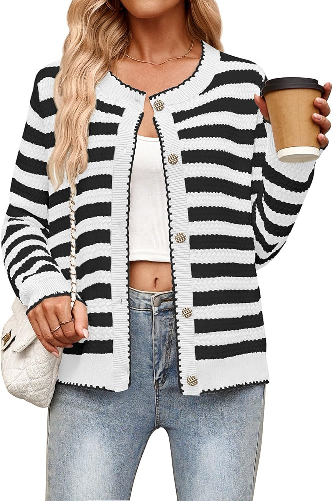 NENONA Women's Long Sleeve Striped Cardigan Sweaters Button Down Cable Knit 2024 Fall Classy Outw... | Amazon (US)