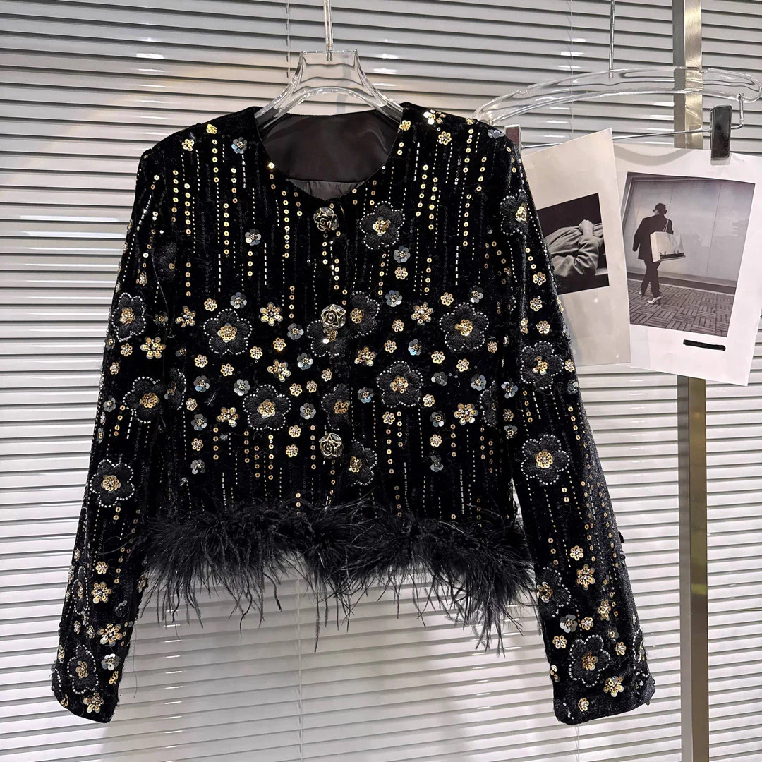 Embroidered Velvet Feather Trim Winter Jacket | Teggy French