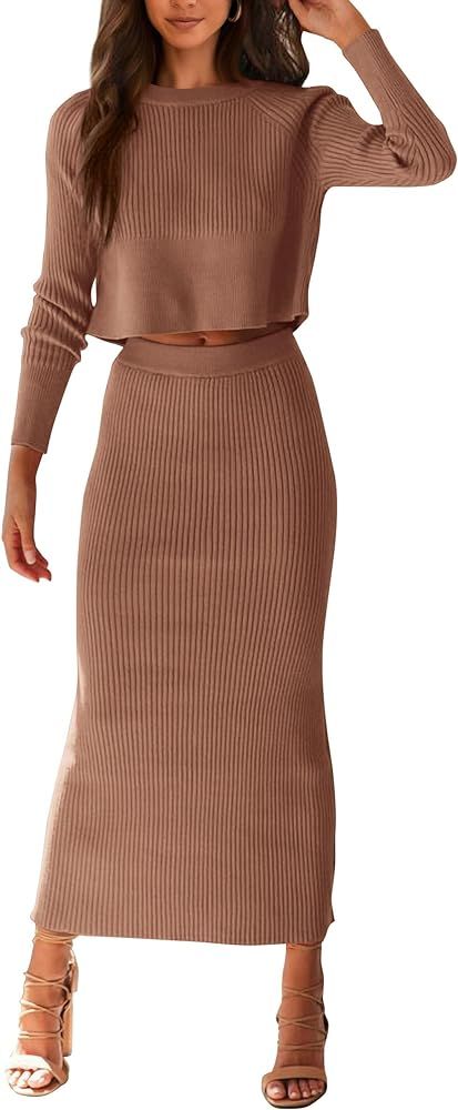 PRETTYGARDEN Women's Fall 2 Piece Sweater Set Rib Knit Long Sleeve Crop Top Maxi Bodycon Skirt Ca... | Amazon (US)