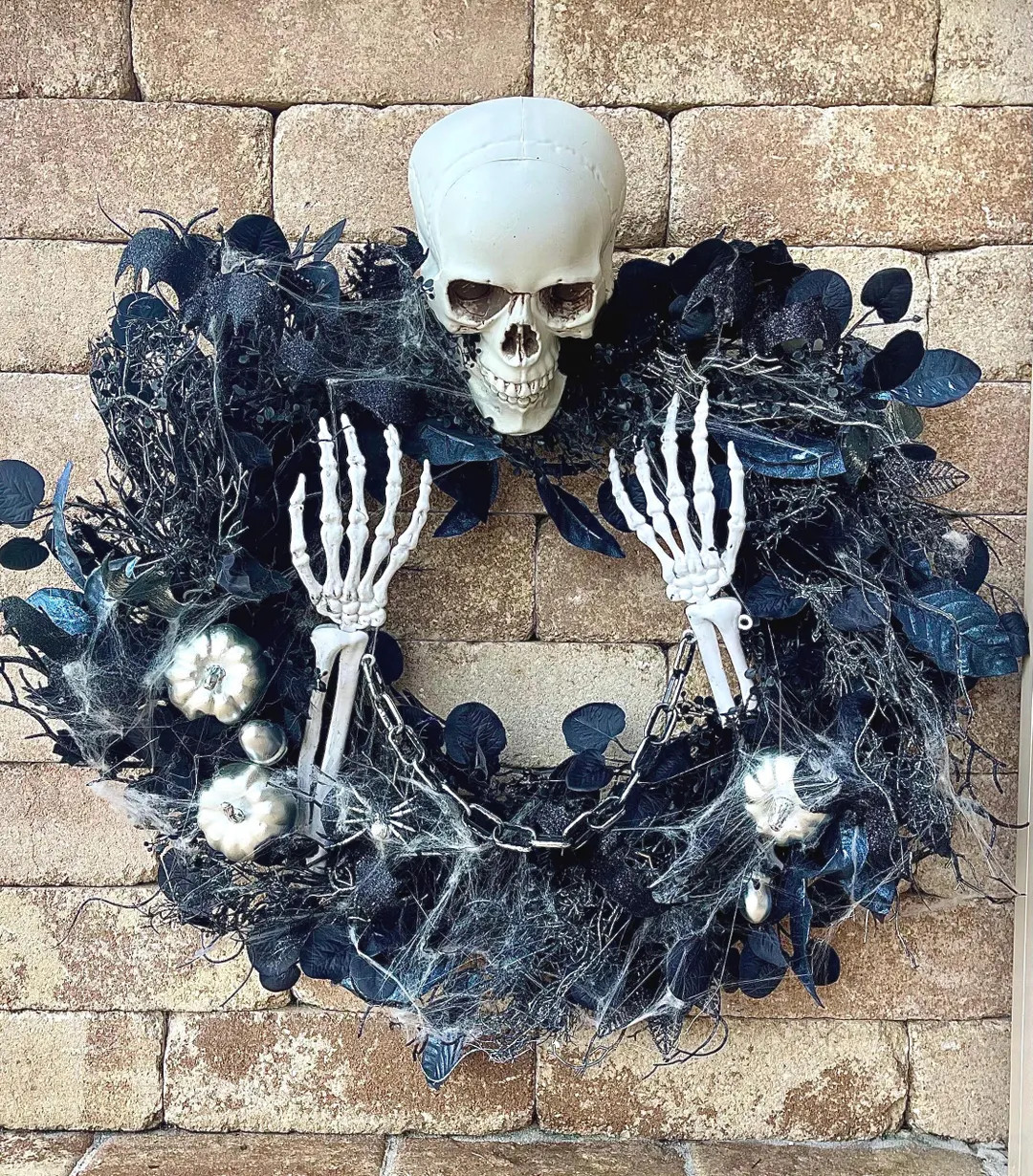 Skeleton Halloween Wreath for Front Door, Black Leaves, Silver Pumpkins, Gothic Door Decor - Etsy | Etsy (Global)