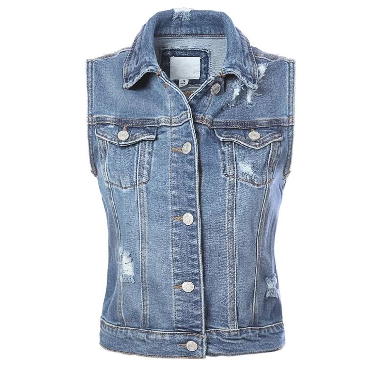 Made by Olivia Women's Classic Sleeveless Distressed Button Down Jean Denim Jacket Vest - Walmart... | Walmart (US)