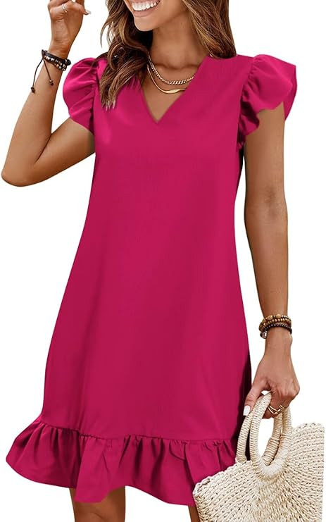 QACOHU Spring Summer Dresses for Women 2026 V Neck Cap Sleeve Ruffle Hem Smock Short Casual Beach... | Amazon (US)
