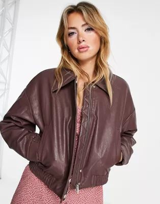Glamorous retro faux leather bomber jacket in chocolate brown | ASOS (Global)