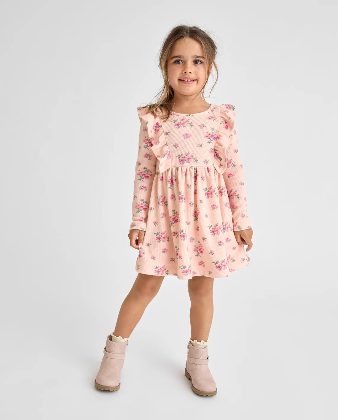 Baby And Toddler Girls Floral Plush Winter Waffle Thermal Babydoll Dress - pink | The Children's Place