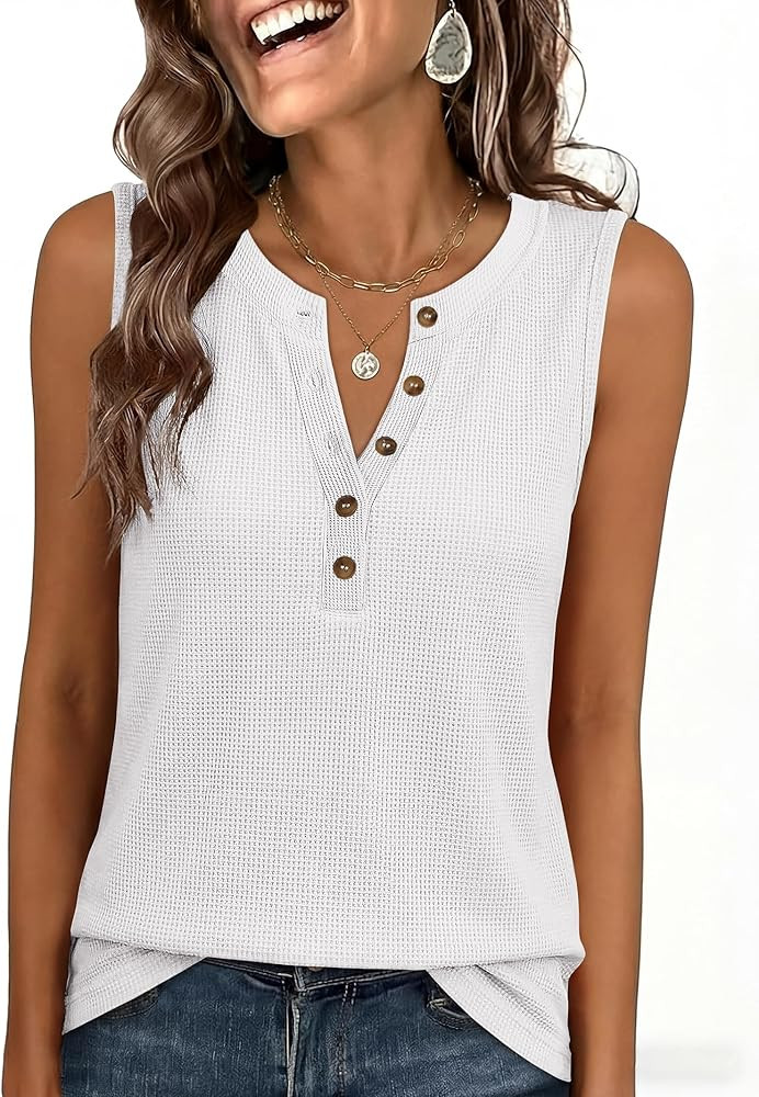 ANRABESS Womens Tank Top Waffle Knit Sleeveless Henley Shirts 2026 Summer Loose Button Up V Neck ... | Amazon (US)