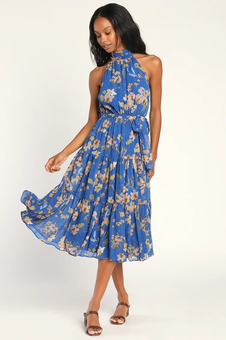 Stunning and Chic Blue Floral Print Tiered Halter Midi Dress | Lulus (US)