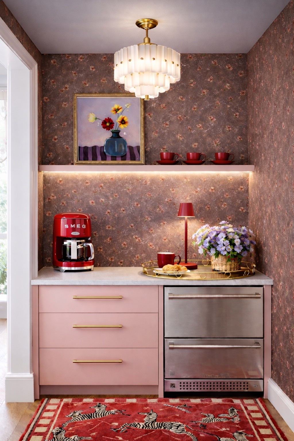 Waking up to the smell of coffee drifting through the house… there’s nothing quite like it.

This little coffee station was designed to make mornings feel slower, softer, and more intentional. Everything has its place — the undercounter drawer fridge for convenience, the warm layered lighting, the artwork that makes it feel curated rather than utilitarian.

It’s functional, yes.
But more than that, it’s comforting.

The wallpaper wraps the space in warmth.
The rug grounds the moment underfoot.
The chandelier casts the gentlest glow.

The mood sets in before the first sip.

A well-designed coffee station isn’t just about coffee —
it’s about how you want your mornings to feel.

#morningritual #coffeestation #ltkhome #interiorstyling #layeredlighting #modernromantic #quietluxury #designwithintention

#LTKdayinmylife #LTKHome