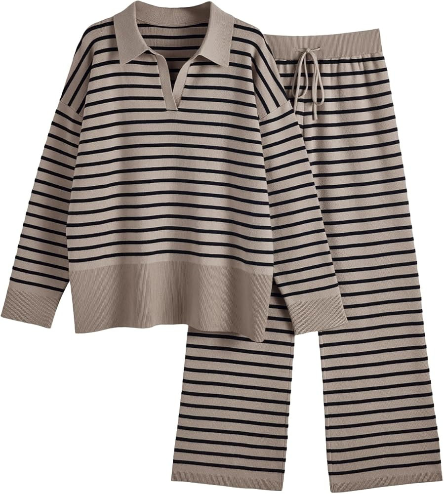 LILLUSORY Women Striped 2 Piece Outfits Lounge Sets Knit Matching V Neck Striped Oversized Sweate... | Amazon (US)