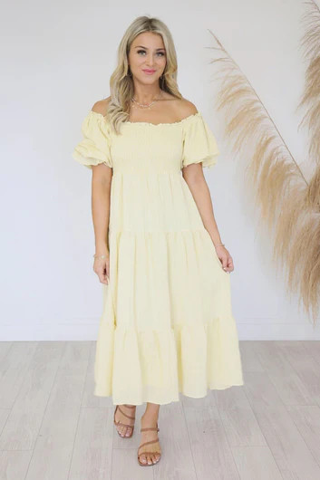 Looking For Perfection Yellow Puff Sleeve Midi Dress | The Pink Lily Boutique