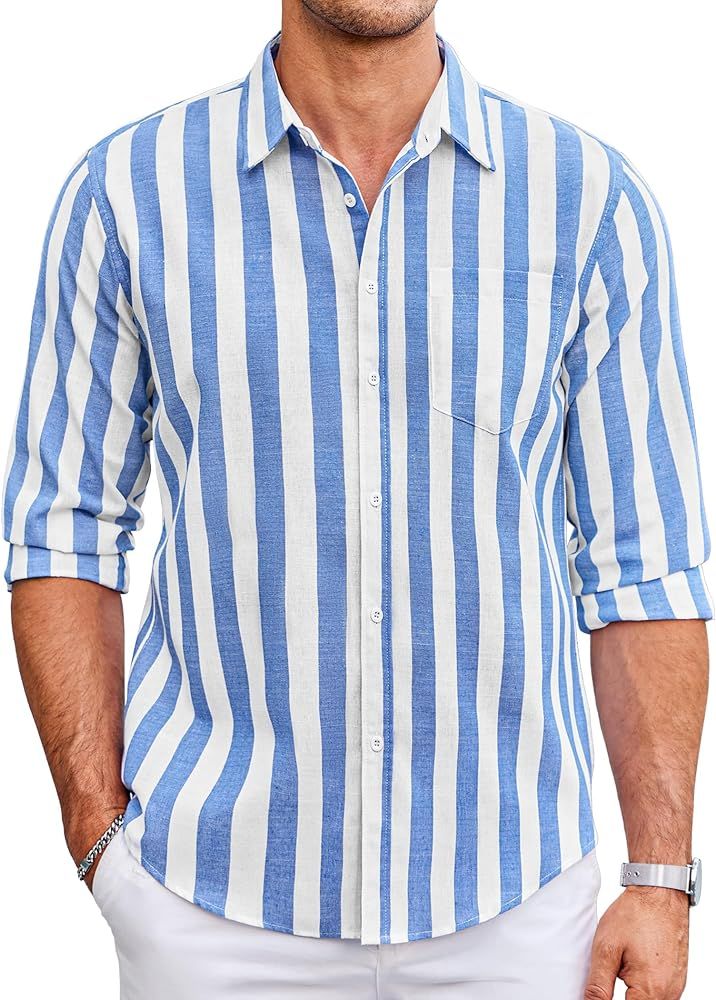 COOFANDY Men's Cotton Linen Shirt Button Down Beach Shirts Casual Long Sleeve Striped Dress Shirt | Amazon (US)